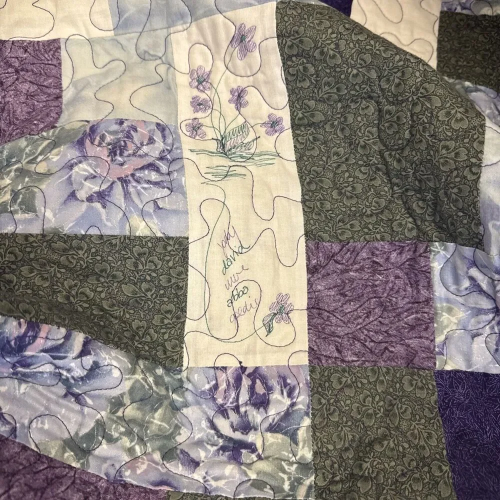 Vtg 2001 Handmade Patchwork Purple Quilt Quilted celebrating Names Poudre 68x45”